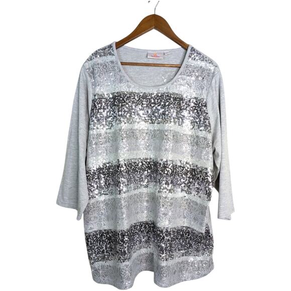 NWOT Quacker Factory Top 2X Gray Lace Sequin Embellished 3/4 Sleeve Knit Scoop - Picture 1 of 11